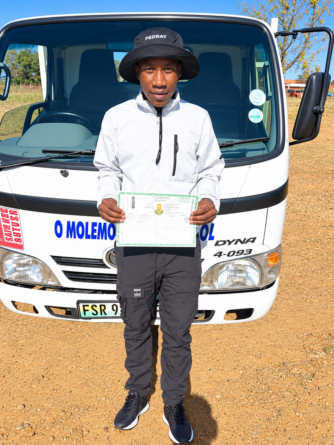 O Molemo graduate with driving licence and school truck